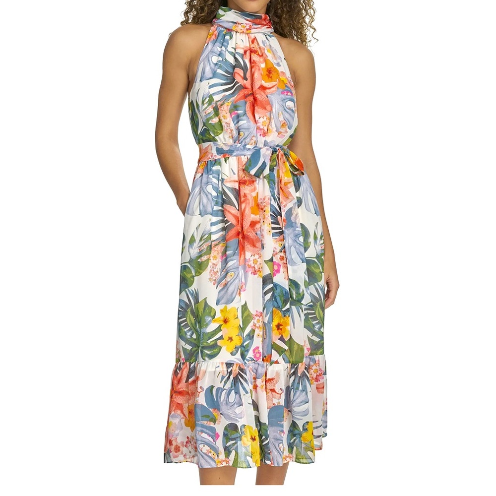 Halter Tropical Floral Midi Dress in Multi